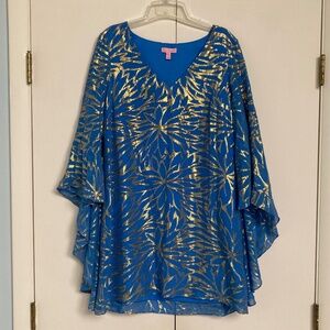 Lilly Pulitzer sz 10 Miri Silk Caftan Dress in Blue Palm Burst Jacquard Metallic